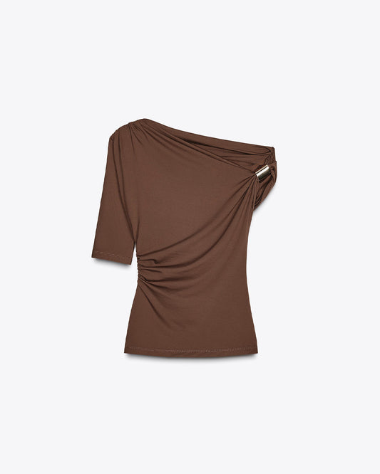 topwear,tops,casual, casual chic,glam, summer,knitted, stretchable,ribbed,brown,solid,gathered,golden trims,skinny fit,fitted,longline,straight hem,asymmetric neck,no straps,one shoulder,short sleeves	OY2151, 25080005GG