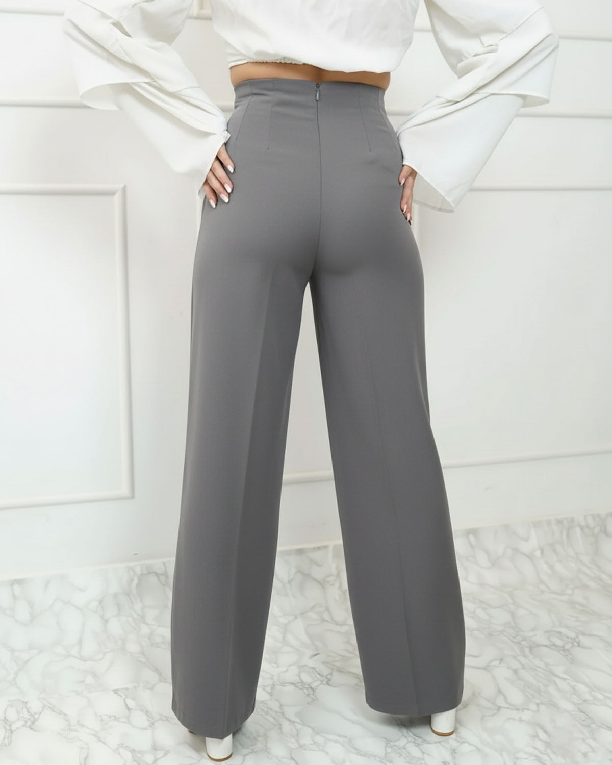bottomwear,pants,semi-formal,business outfit,stretchable,polyester, spandex,light grey,pleated,straight fit,straight,full length,high rise, OY956- light grey, 25090070GG