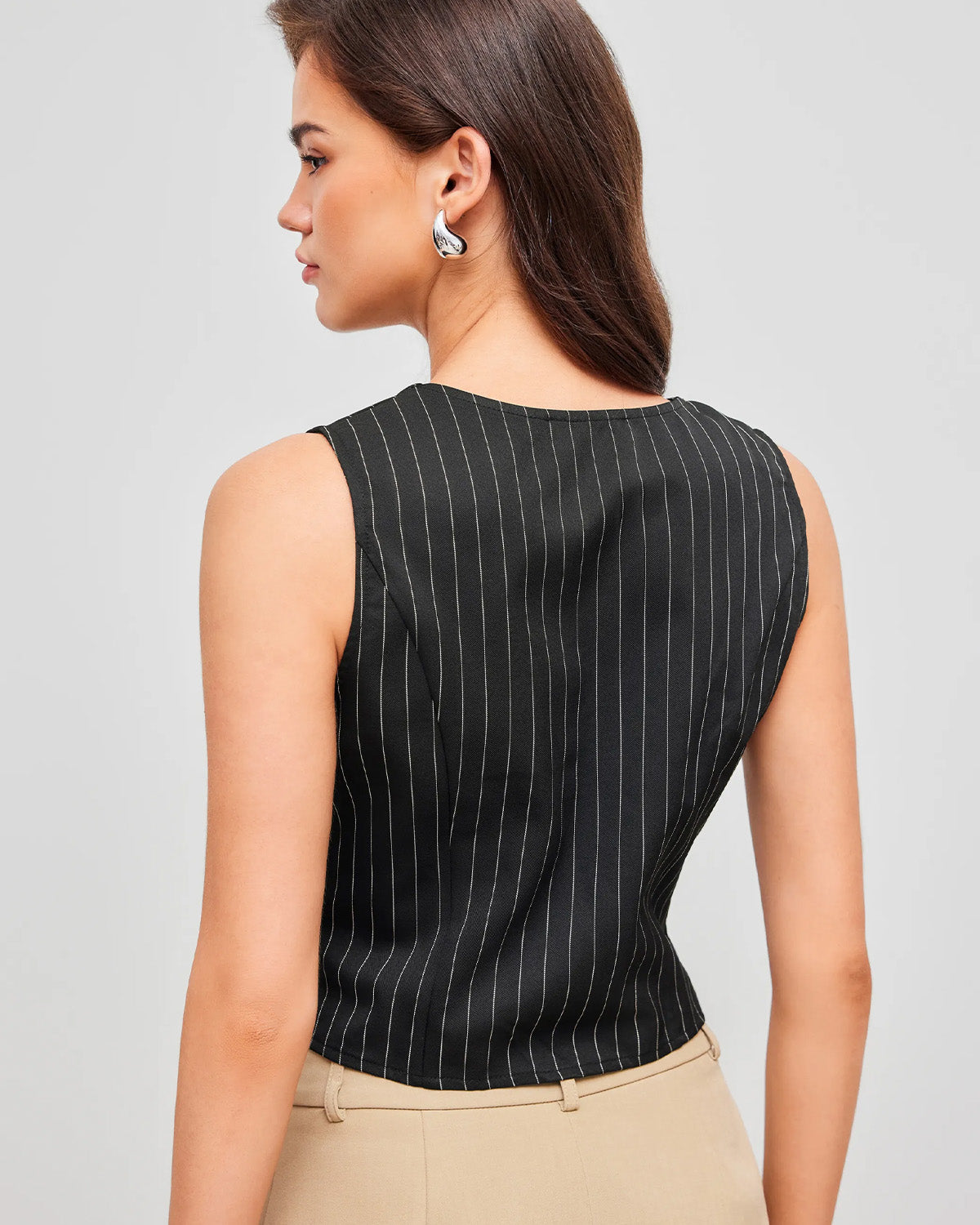 topwear,tops,formal, semi-formal,minimal, sophisticated, summer,woven,polycotton,black,stripe,button,slim fit,fitted,waist length,curved hem,v-neck,sleeveless, OY2001, 25060033GG