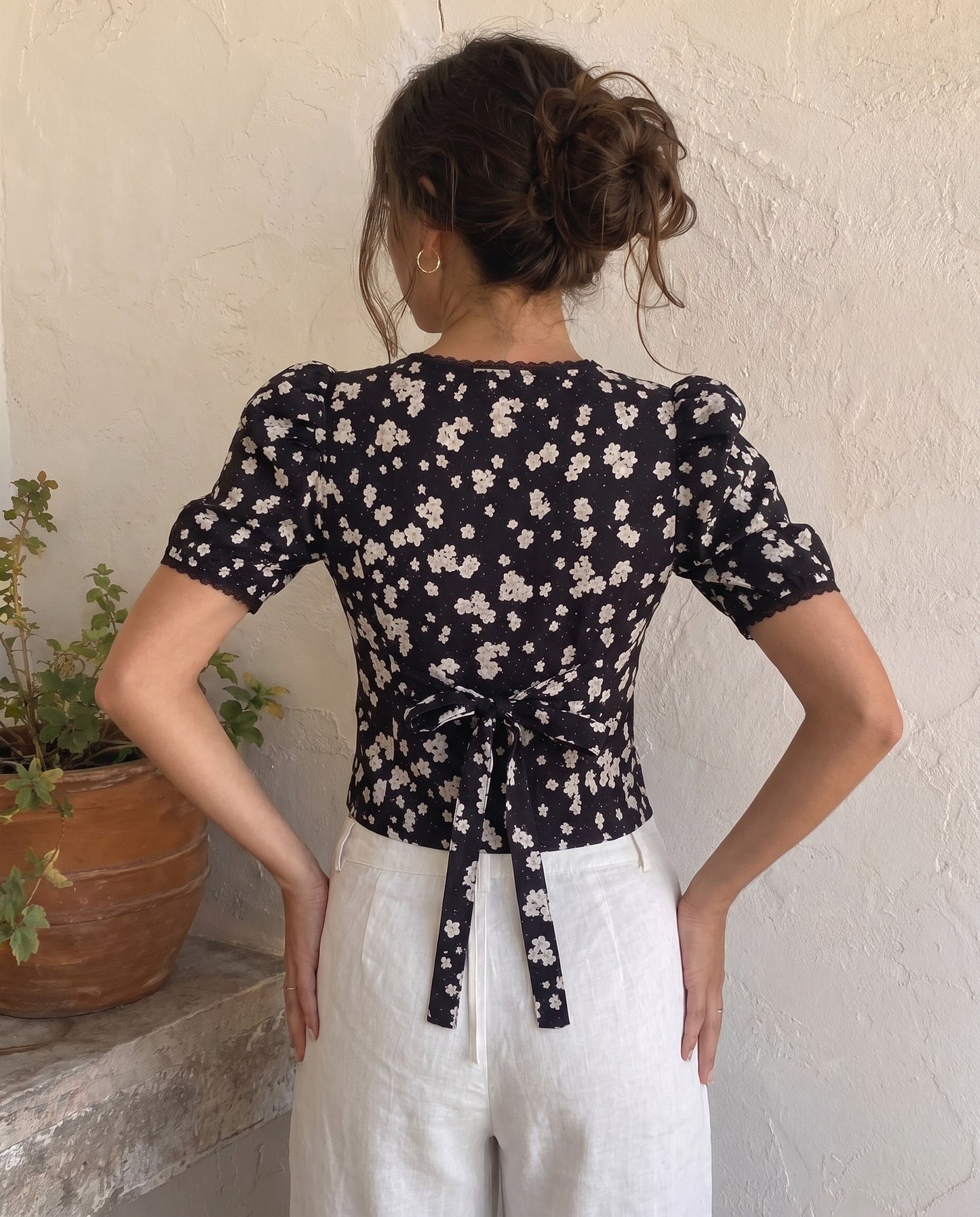 Black Florals Lace-Trim Fitted Button-Up Top