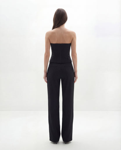 Pinstripes Button-Front Corset Top With Straight Pants