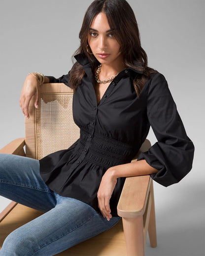 topwear,tops,casual, semi-formal, vacation,minimal, summer,woven,cotton,black,solid,smocked, ruched,button,relaxed fit,shirt,waist length,flared hem,collared,balloon sleeves,long sleeves, OY1910, 25060010GG