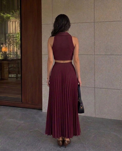 Pleated Skirt and Top Co-Ord Set - Maroon
