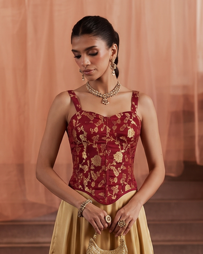 Red Wine Opulence Brocade Corset Top