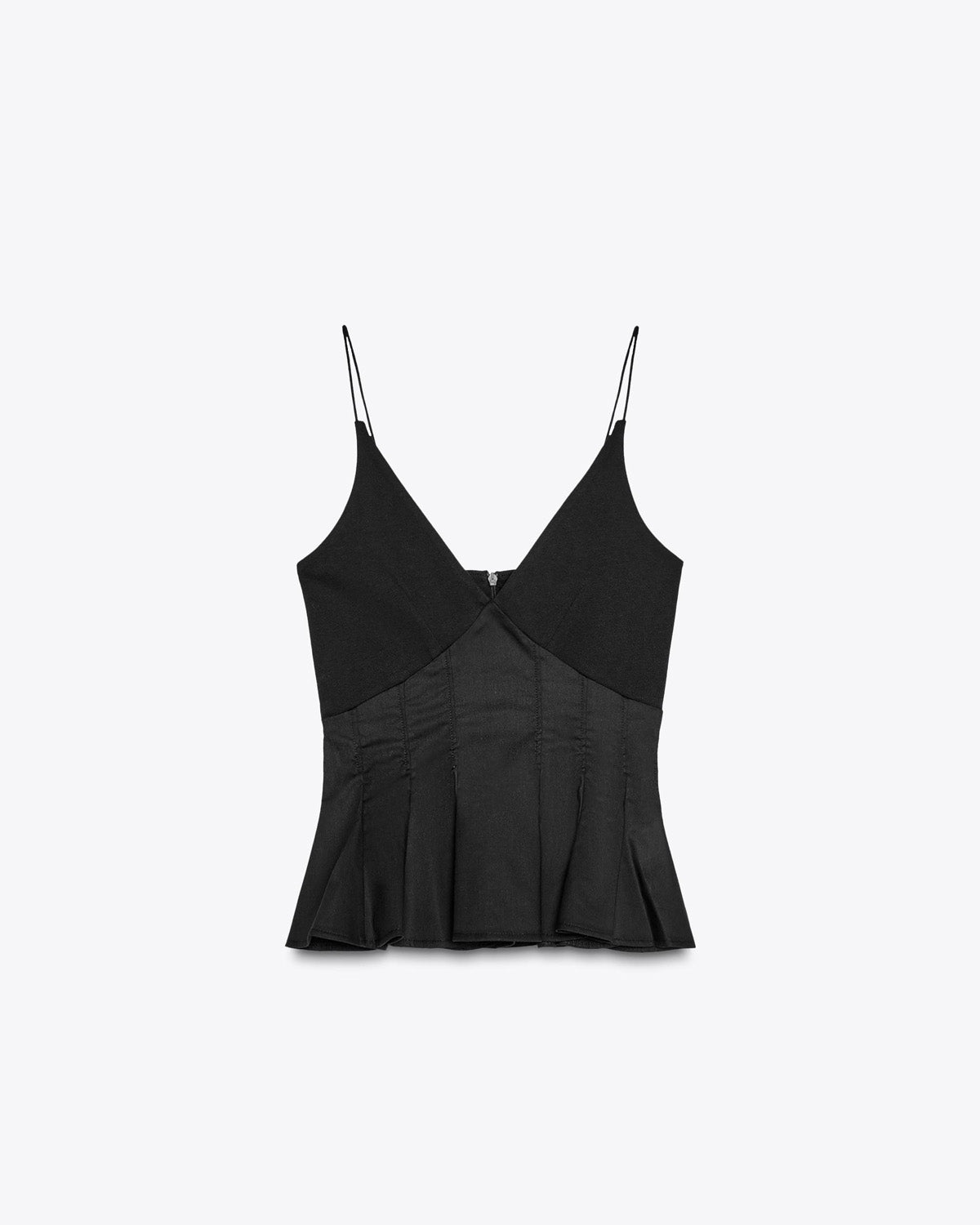 topwear,tops,outdoor events,bold, glam,woven,cotton,,black,solid,flounce,zipper,skinny fit,peplum,waist length,flared hem,v-neck,spaghetti strap,,sleeveless,OY1901	25060001GG