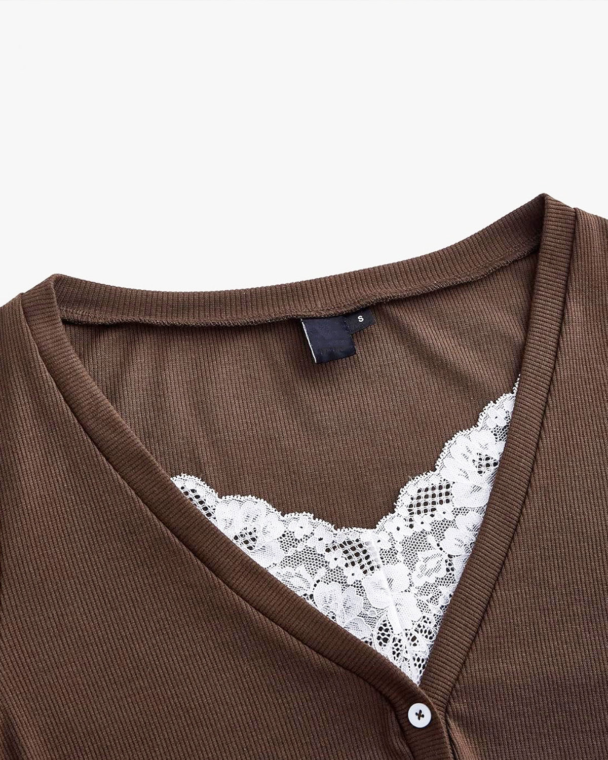 topwear,tops,casual, vacation,gen z, minimal, soft girl, summer,knitted, stretchable,ribbed,brown,solid,lettuce edge,lace, button,skinny fit,crop,crop,lettuce hem,v-neck,no straps,set in sleeves,long sleeves	OY2155, 25080017GG