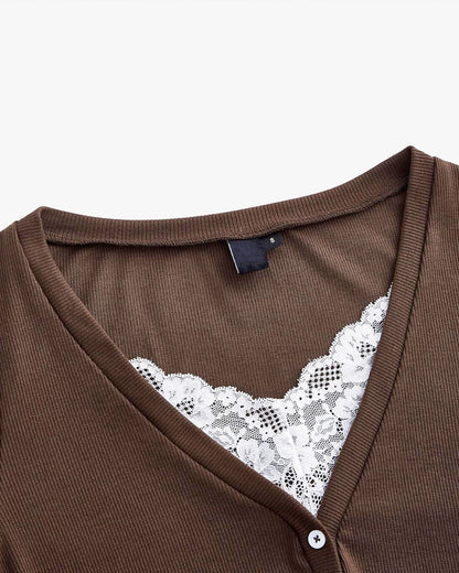 topwear,tops,casual, vacation,gen z, minimal, soft girl, summer,knitted, stretchable,ribbed,brown,solid,lettuce edge,lace, button,skinny fit,crop,crop,lettuce hem,v-neck,no straps,set in sleeves,long sleeves	OY2155, 25080017GG