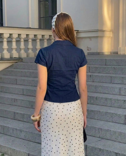 Navy Blue Waist Fitted Cotton Shirt
