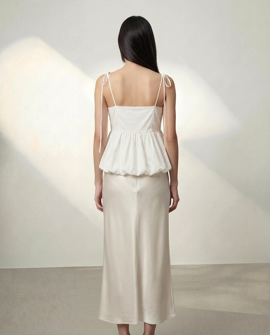 White Bubble Hem Camisole Top With Ivory Satin Skirt