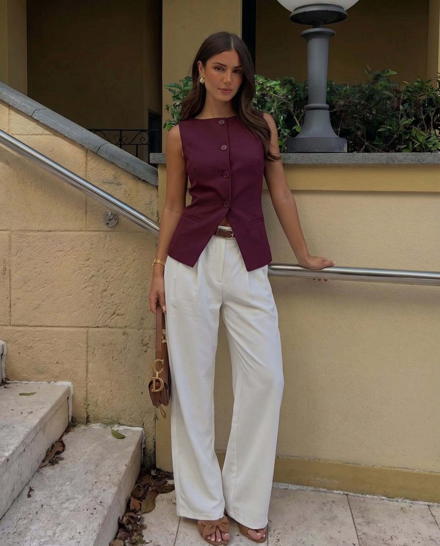 Burgundy Waist Coat and White Pleated Pants with Belt