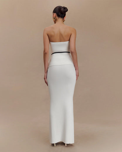 coord sets,bottomwear, topwear,casual chic, vacation, outdoor events,bold, minimal, summer, streetwear, utilitarian,knitted,ribbed,white,solid,slit,drawstring,skinny fit top,bandeau,waist length top,slit hem,off shoulder,no straps,no sleeves,no sleeves,skirts,Pencil Skirt,full length,straight hem,mid rise waist,no pockets, OY2176, 25080008GG