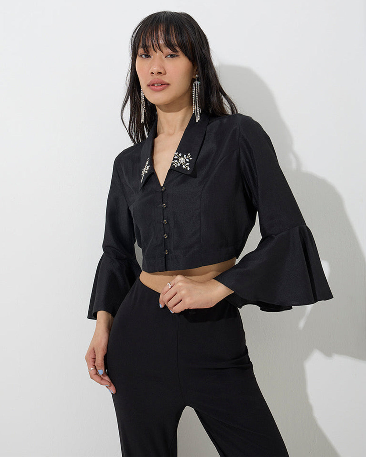 coord sets,bottomwear, topwear,party, outdoor events,festive, glam, indo western, minimal, soft girl,woven,santoon,embroidered,black,solid,panelling,bead, rhinestone,regular fit top,crop top,crop top,flared hem,lapel collar,no straps,flounce sleeve,three quarter sleeves,button up,pants,panelled flare pants,full length,flared hem,mid rise waist,OY3031, 25070058GG