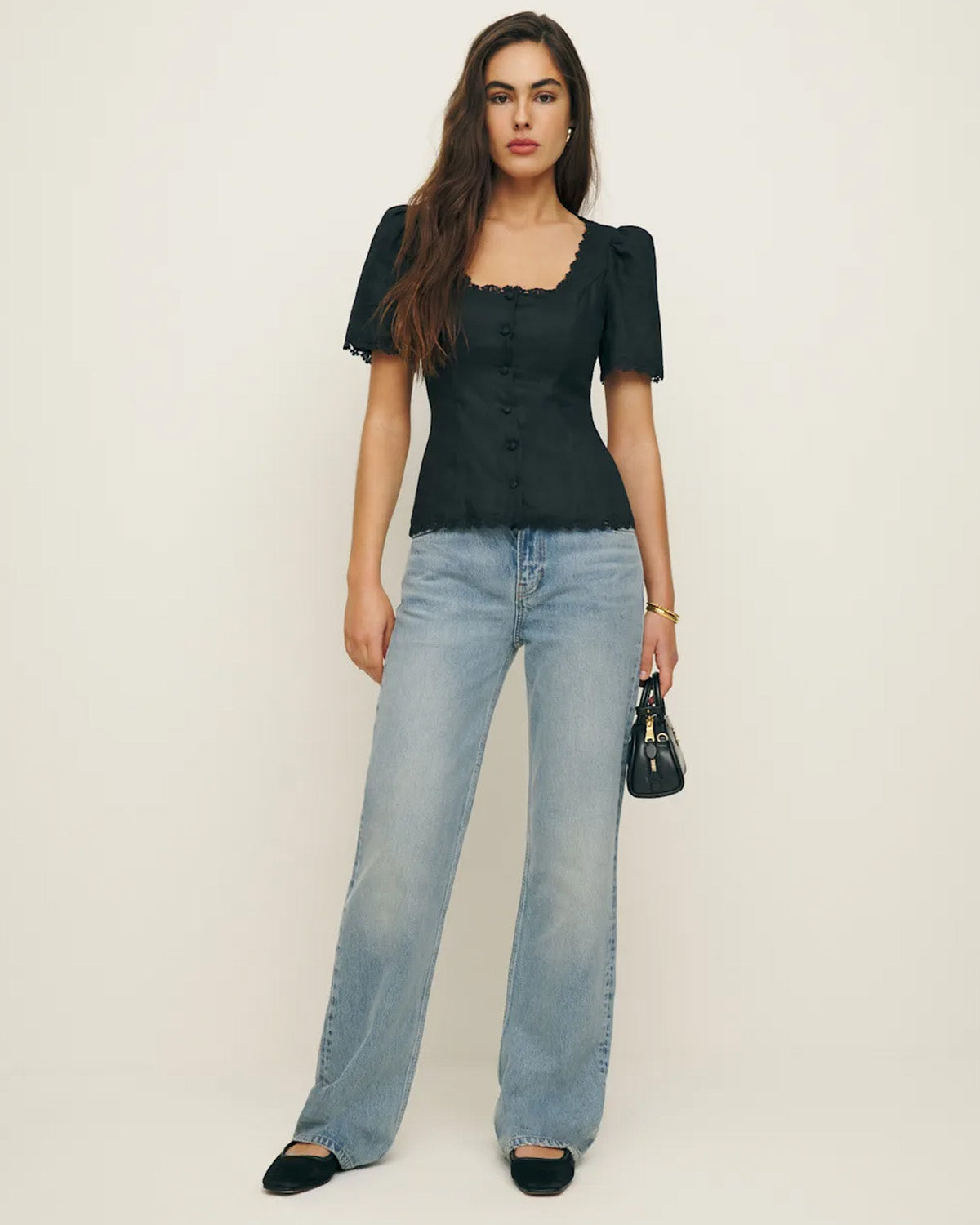 topwear,tops,casual, vacation, outdoor events,minimal, summer,woven,cotton,black,solid,lace,slim fit,fitted,waist length,scalloped hem,square neck,puff sleeves,short sleeves,OY1908, 25060008GG