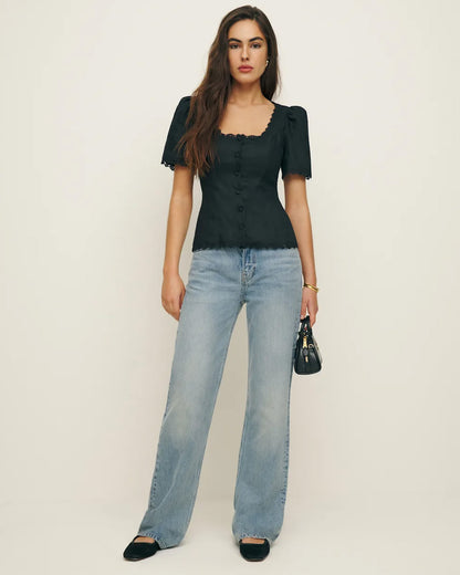topwear,tops,casual, vacation, outdoor events,minimal, summer,woven,cotton,black,solid,lace,slim fit,fitted,waist length,scalloped hem,square neck,puff sleeves,short sleeves,OY1908, 25060008GG