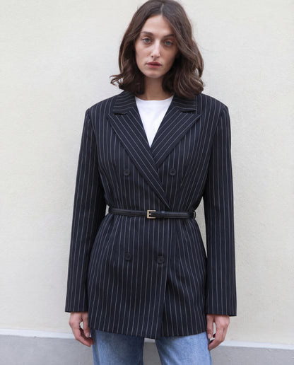 Pinstripes Double Breasted Blazer With Belt