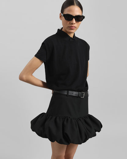 bottomwear,skirts,casual chic, party,bold, gen z, glam, summer,woven,cotton,panelling,black,ruched,zipper,tailored fit,bubble skirt,mini,bubble hem,mid rise	25070001GG, OY2081