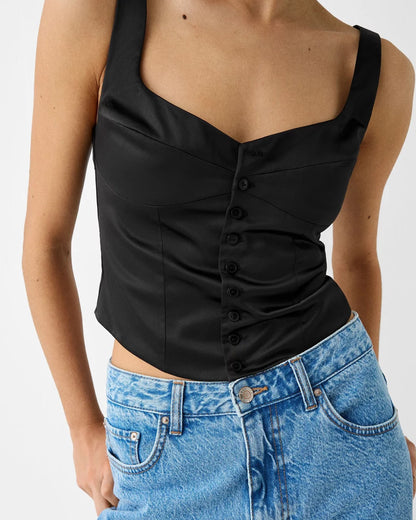 topwear,tops,semi-formal, outdoor events,creative workwear, minimal, sophisticated, summer,woven,satin,black,solid,button,tailored fit,fitted,waist length,diamond neck,shoulder strap,sleeveless, 25040006GG, OY610