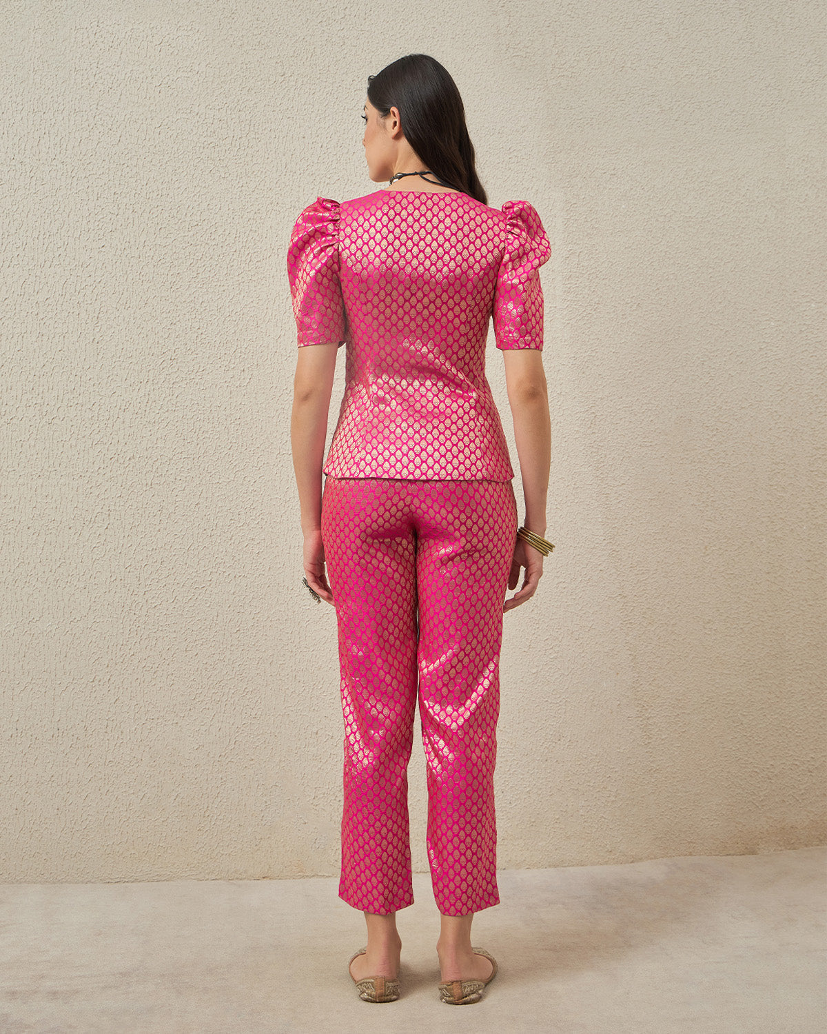 coord sets,bottomwear, topwear,ethnic, party,festive, glam, indo western, minimal, summer,woven,brocade,banarasi brocade,fuschia pink,damask,gathered,buttons,slim fit top,button up top,waist length top,straight hem,v neck,puff sleeves,elbow length sleeves,pants,tapered pants,full length,straight hem,mid rise waist,OY2093, 25070052GG