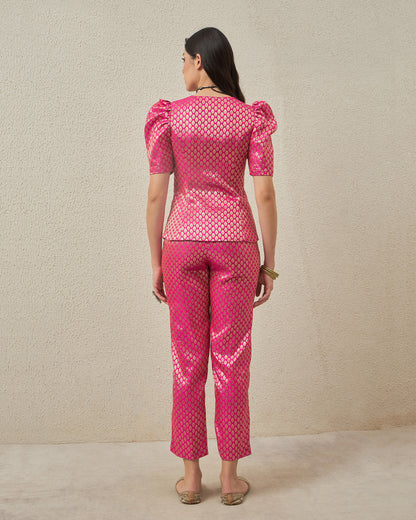 coord sets,bottomwear, topwear,ethnic, party,festive, glam, indo western, minimal, summer,woven,brocade,banarasi brocade,fuschia pink,damask,gathered,buttons,slim fit top,button up top,waist length top,straight hem,v neck,puff sleeves,elbow length sleeves,pants,tapered pants,full length,straight hem,mid rise waist,OY2093, 25070052GG