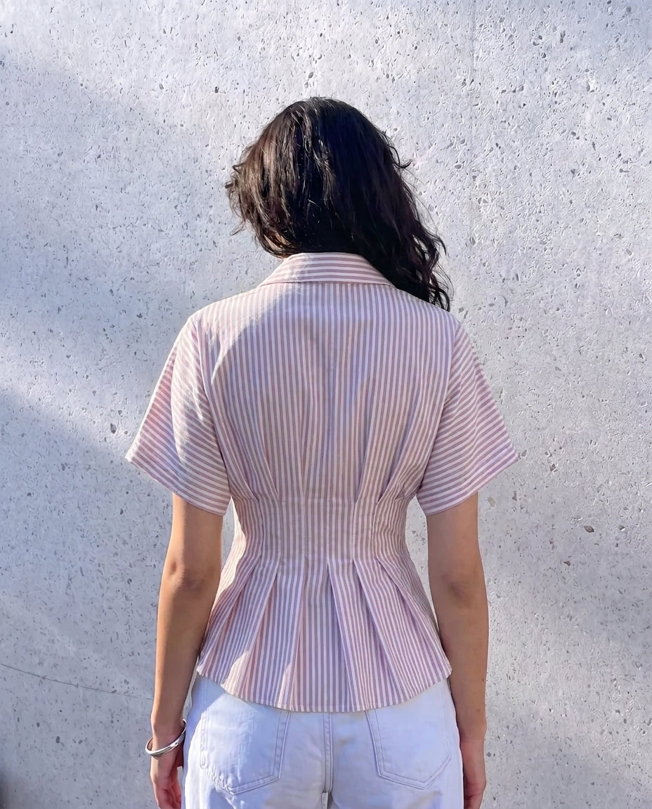Pink Cinched Waist Striped Shirt
