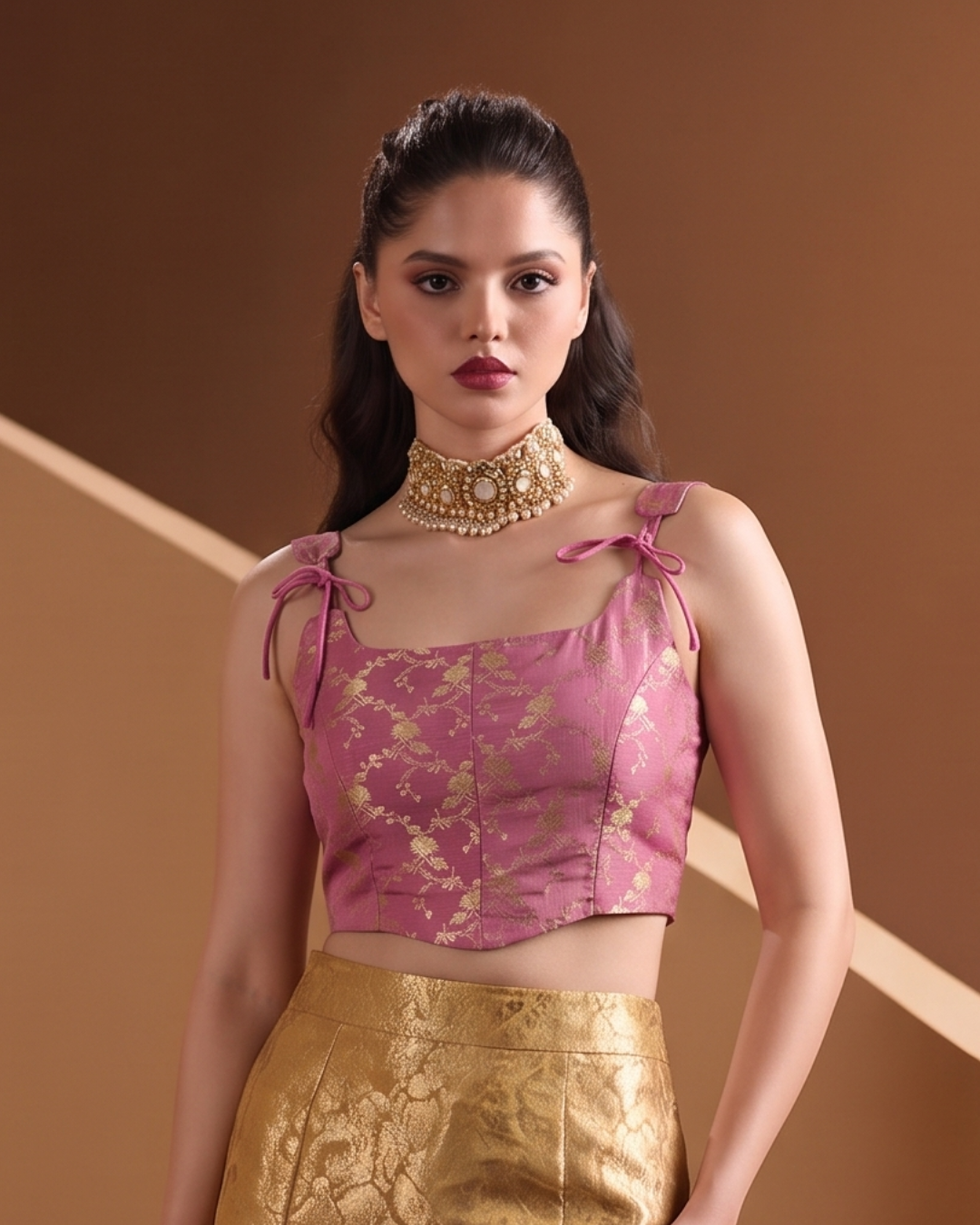 Carnation Pink Tie Up Strap Brocade Corset Top