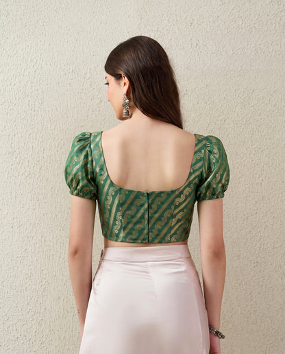 Emerald Green Puff Sleeves Brocade Corset Top