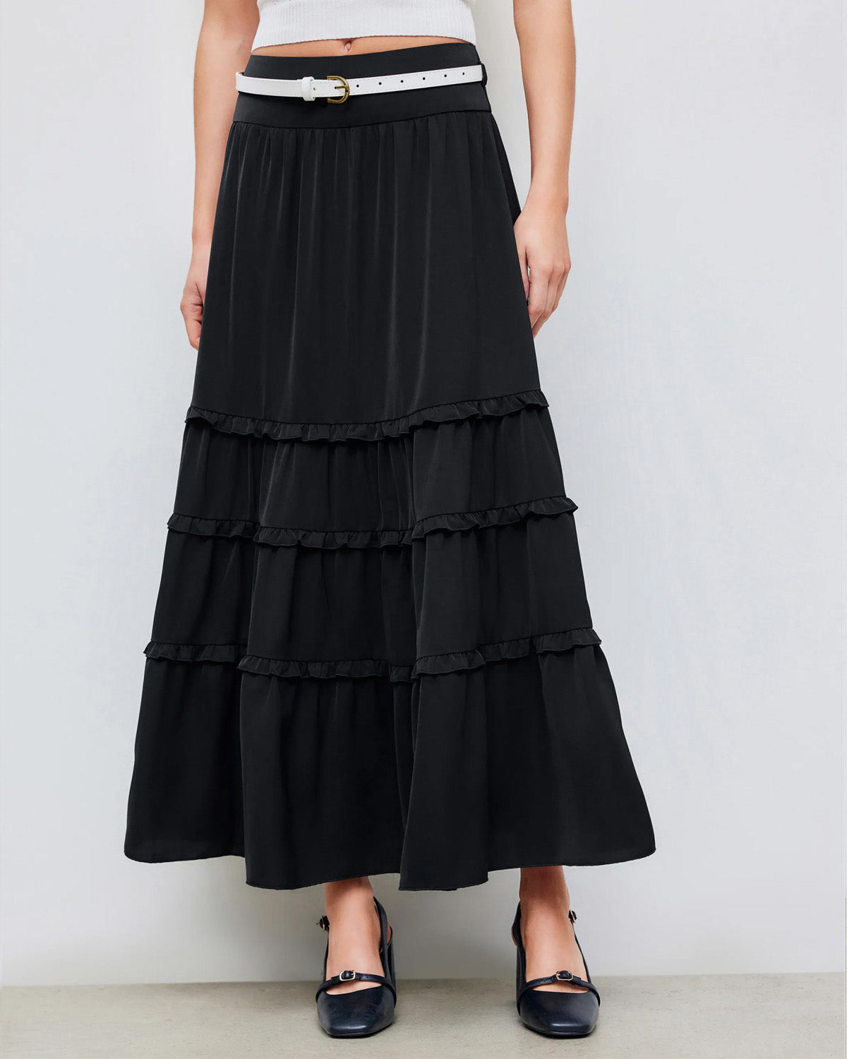 bottomwear,skirts,casual, casual chic, vacation,soft girl, summer, vintage, y2k,woven,cotton,gathered, panelling,black,panelled, ruffled,belt,flared fit,flared,full length,flared,mid rise, 25070006GG, OY2073