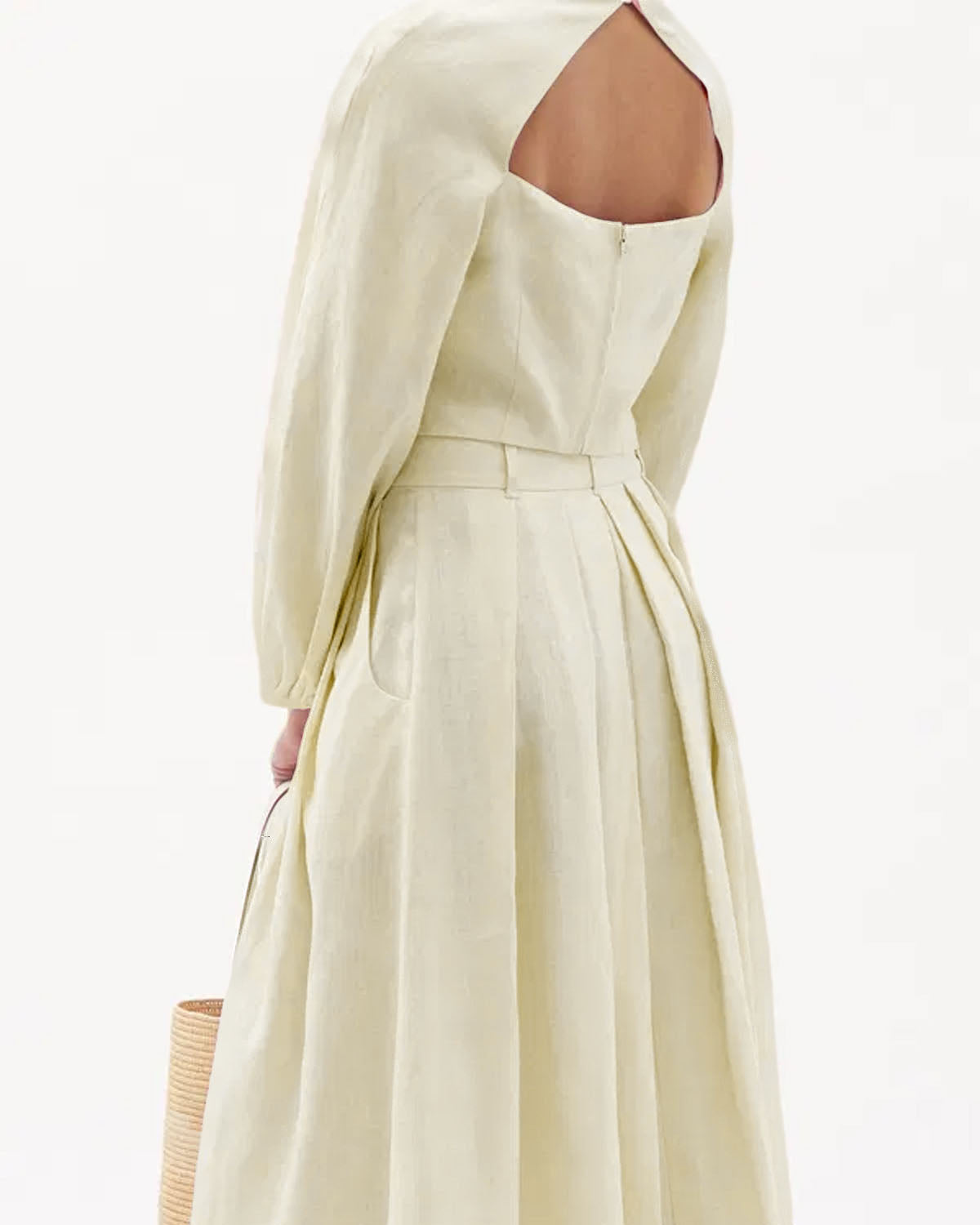 coord sets,skirt, topwear,vacation, outdoor events,minimal, sophisticated, summer, urban fit,woven,cotton slub,cream,solid,cutout, pleated,regular fit top,fitted top,crop top,straight hem,square neck,balloon sleeves,long sleeves,zipper back,skirts,a-line skirt,midi,mid rise waist,OY1404- cream, 25090081GG