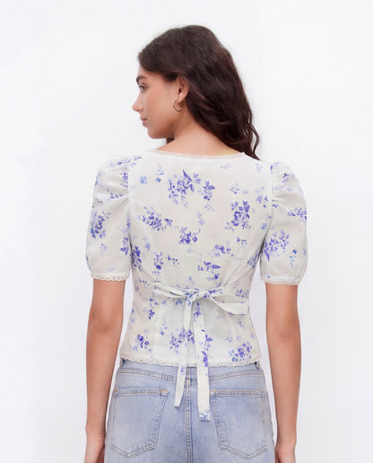 White Florals Lace-Trim Fitted Button-Up Top