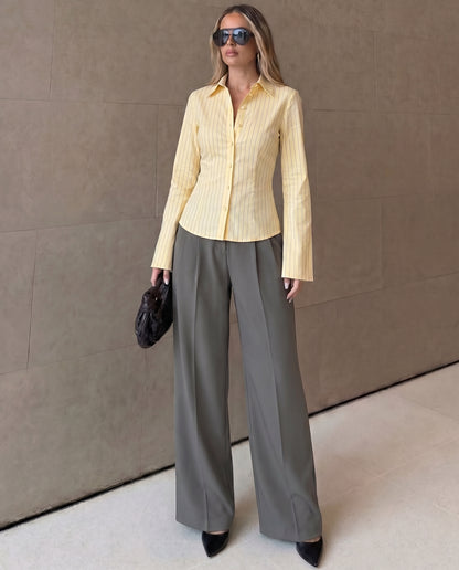 Butter Yellow Pinstripes Flared Shirt and Corset Waist Pleated pants