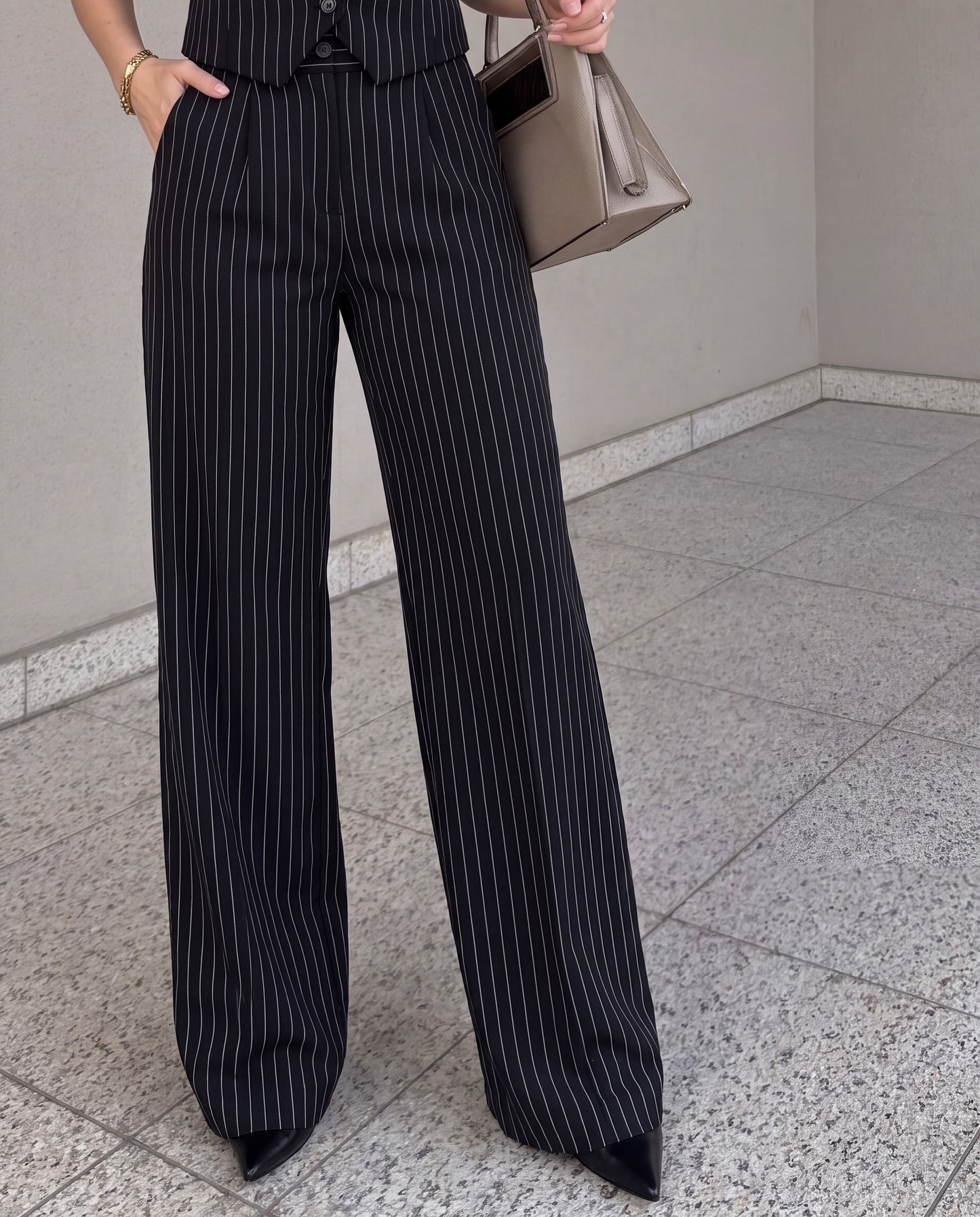 Pinstripe Vest and Wide-Leg Trousers Suit Set