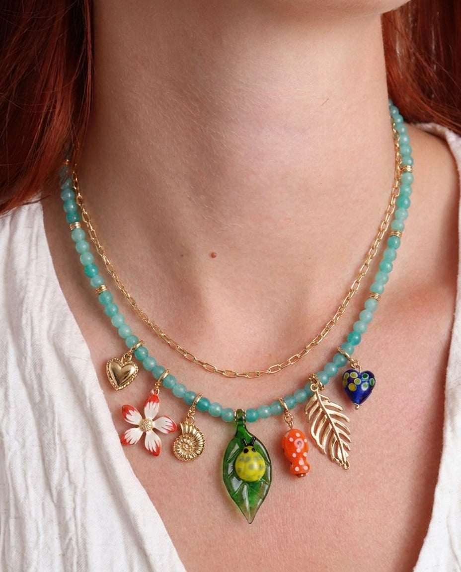Teal Layered Charm Necklace