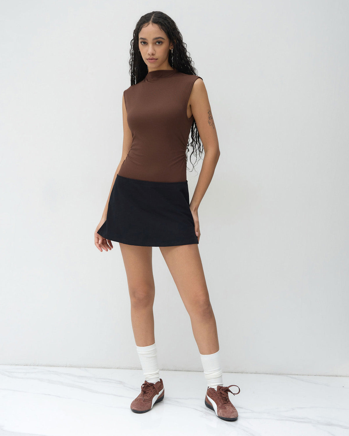 topwear,tops,casual, casual chic,bold, gen z,knitted, stretchable,ribbed,brown,solid,ruched,skinny fit,bodysuit,longline,curved hem,high neck,no straps,no sleeves,sleeveless, OY2158, 25080020GG
