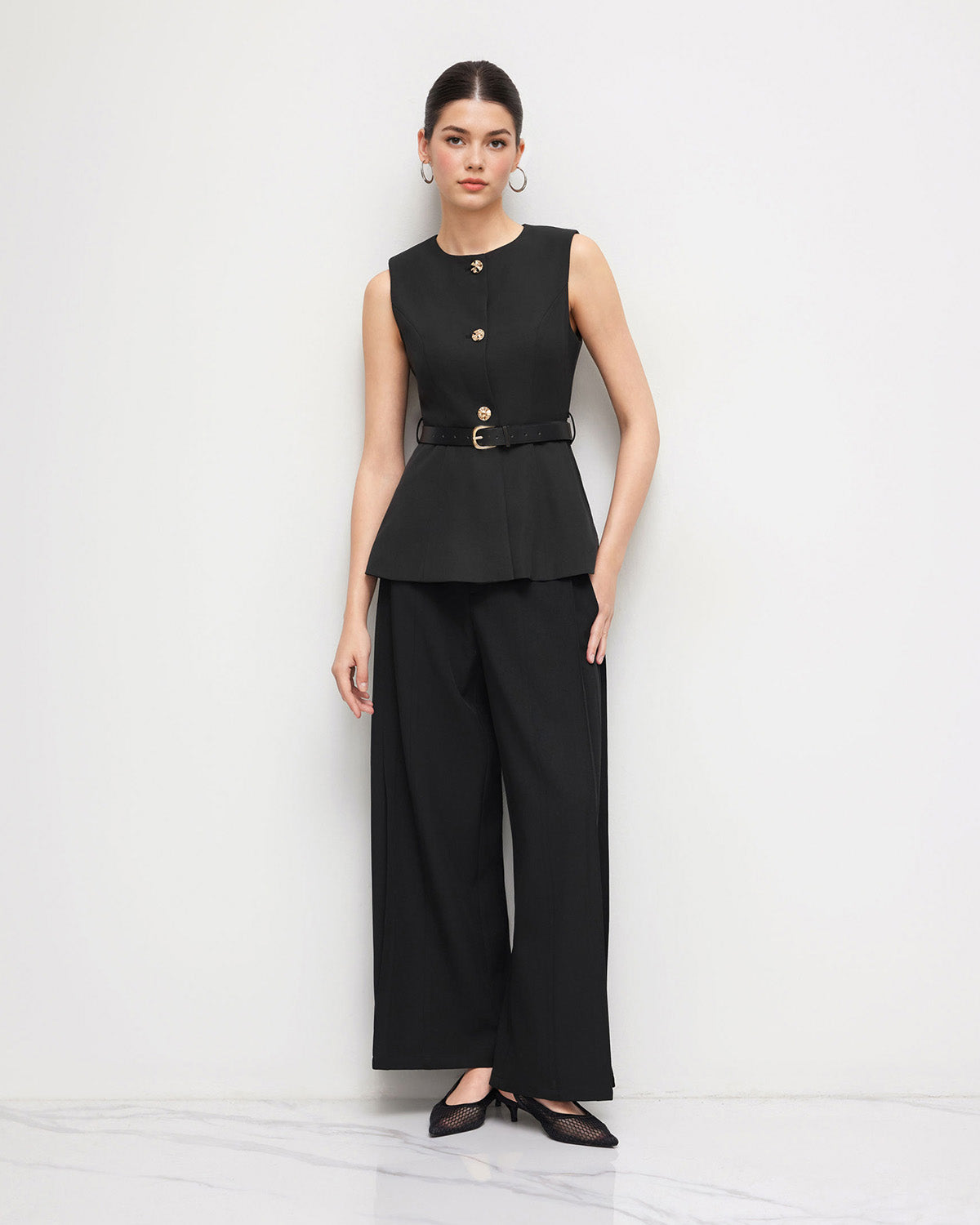 topwear,tops,semi-formal, events,gen z, millenial, minimal, summer,woven,polyester, spandex,black,solid,panelling,button,tailored fit,vest,longline,straight hem,crew neck,no straps,no sleeves,sleeveless	OY3137, 25090003GG