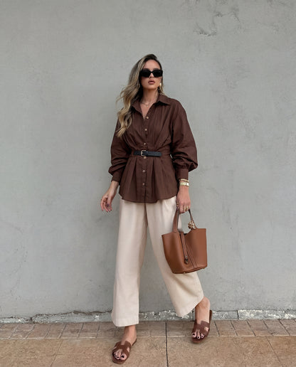 Chocolate Brown Button Down Belted Shirt