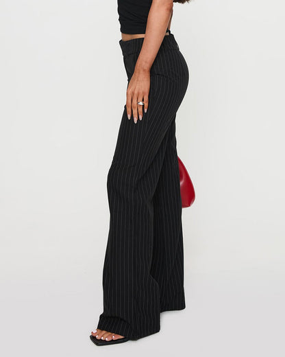 bottomwear, trousers,pants,outdoor events, semi-formal,summer, urban fit, workwear,woven,polycotton,black,striped,straight fit,straight,full length,mid rise,PINSTRIPES STRAIGHT PANTS,OY1604,25010052GG