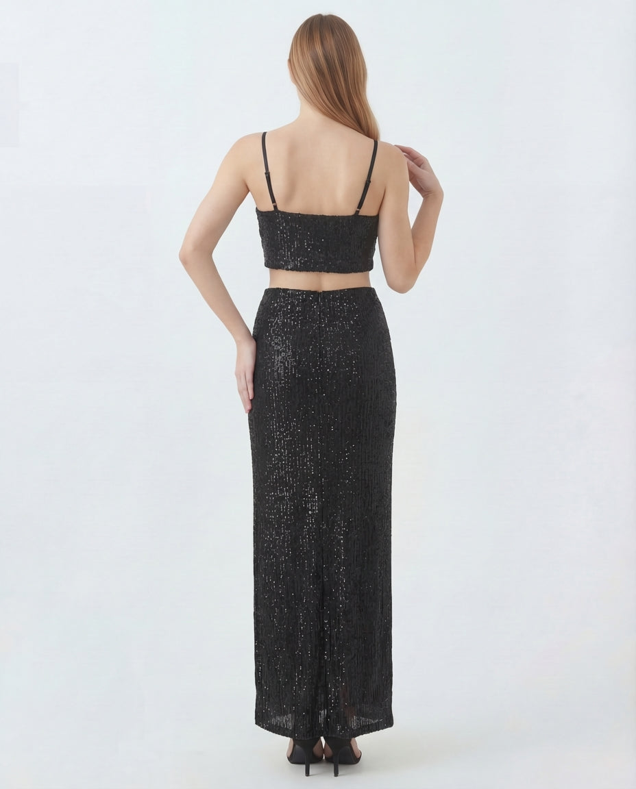 Black Sequin Top and Skirt Coord Set