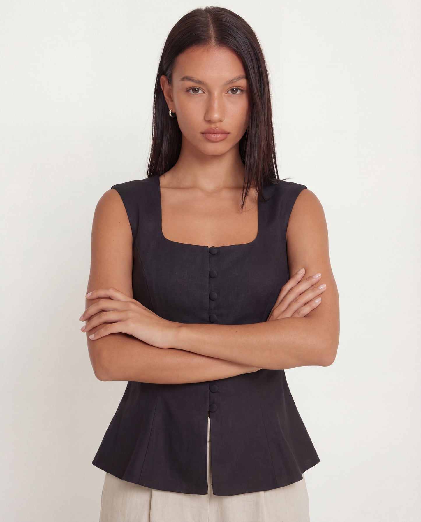 topwear,tops,semi-formal, vacation, outdoor events,minimal, sophisticated, summer,woven,cotton,black,solid,flounce,button,slim fit,peplum,waist length,flounce hem,square neck,shoulder strap,sleeveless, OY1909, 25060009GG