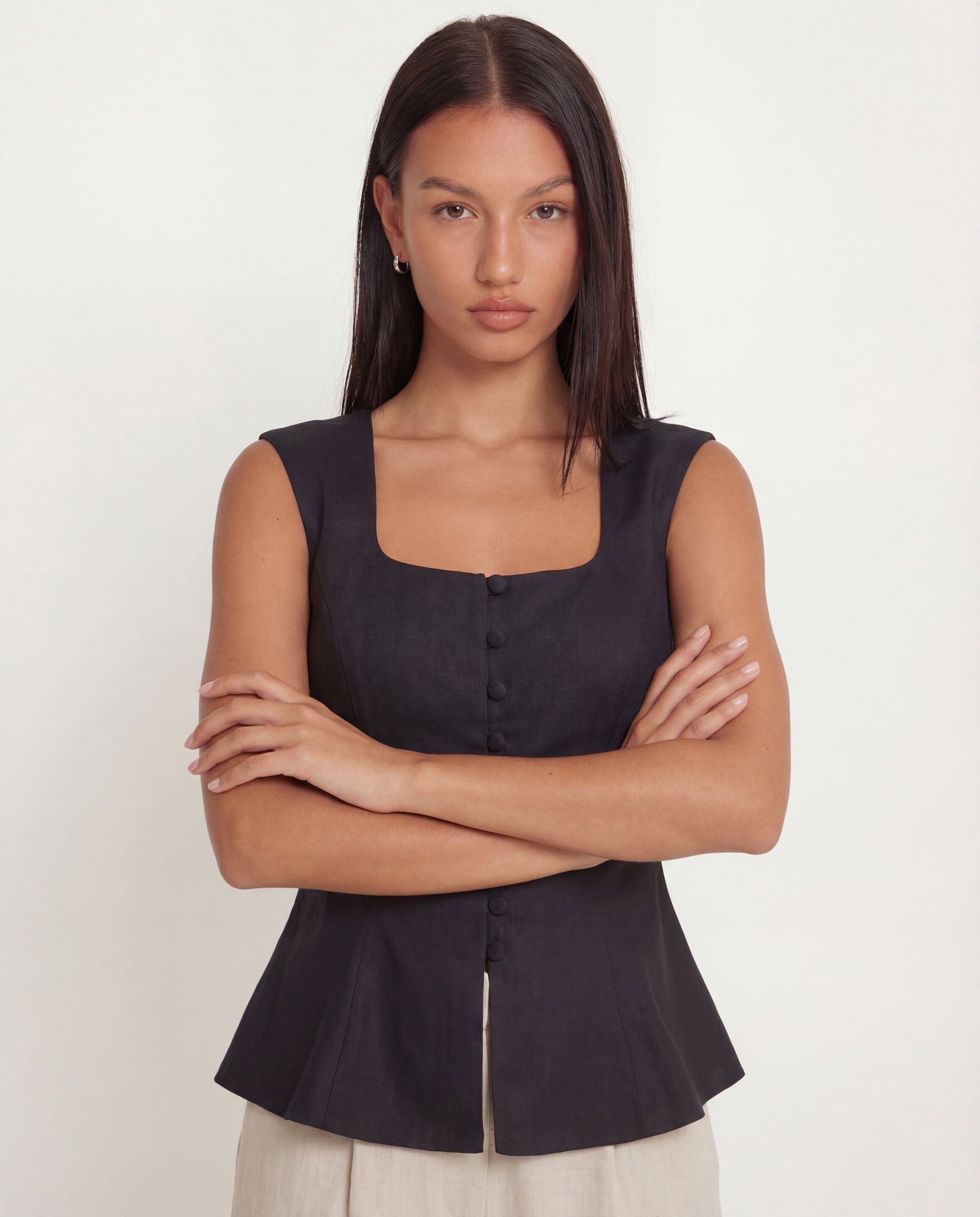 topwear,tops,semi-formal, vacation, outdoor events,minimal, sophisticated, summer,woven,cotton,black,solid,flounce,button,slim fit,peplum,waist length,flounce hem,square neck,shoulder strap,sleeveless, OY1909, 25060009GG