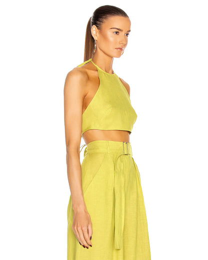 coord sets,bottomwear, topwear,vacation, outdoor events,beach, minimal, sophisticated, timeless,woven,cotton slub,NA,citric green,solid,pleated, tie knot, utility pocket,drawstring,tailored fit top,crop top,crop top,straight hem,halter neck,spaghetti strap,NA,sleeveless,backless,pants,wide leg pants,full length,NA,high rise waist,2 pockets	25040015GG OY1401