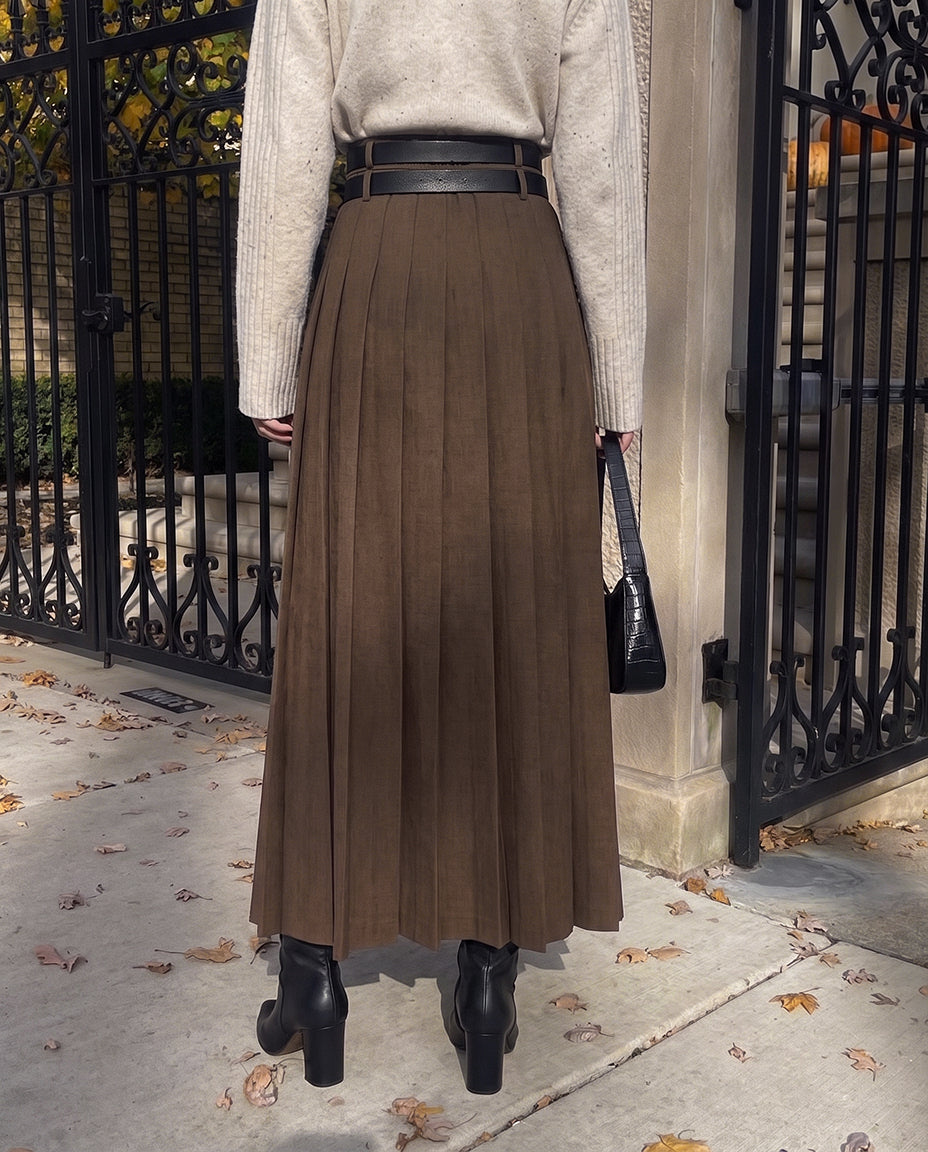 Pleated Slit Skirt With Detachable Belts - Brown