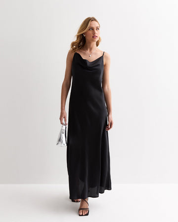 Satin Maxi Slip Dress In Black - Main Image