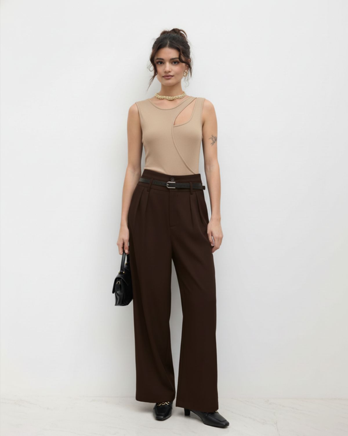 bottomwear,pants,semi-formal,business outfit,stretchable,polyester, spandex,dark brown,pleated,tailored fit,wide leg,full length,high rise, OY-959- DARK BROWN, 25090072GG