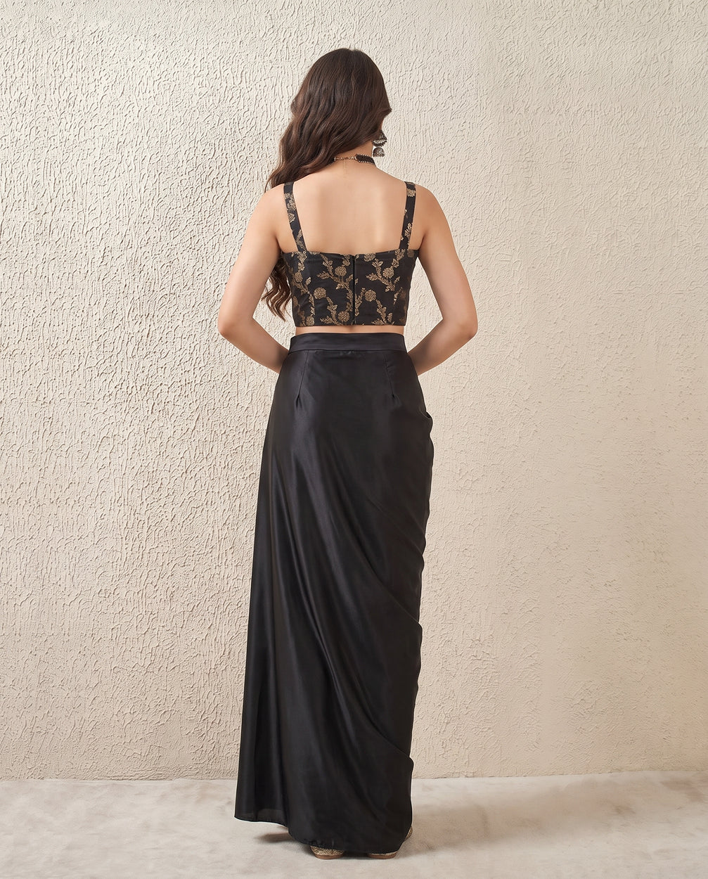 Satin Silk Draped Skirt - Black