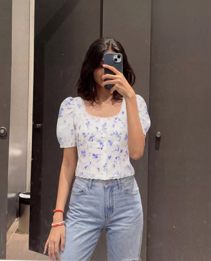 White Florals Lace-Trim Fitted Button-Up Top