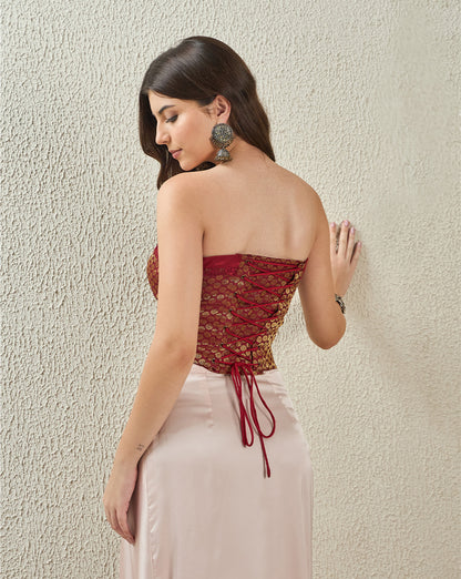 topwear,tops,ethnic, indo-western,bold, ethnic wear, festive wear, indian wear, summer,woven,brocade,brocade,red,floral pattern,criss cross detail,zipper,skinny fit,bandeau,waist length,straight hem,off shoulder,no straps,off shoulder,sleeveless, 25070033GG, OY3003 Red 