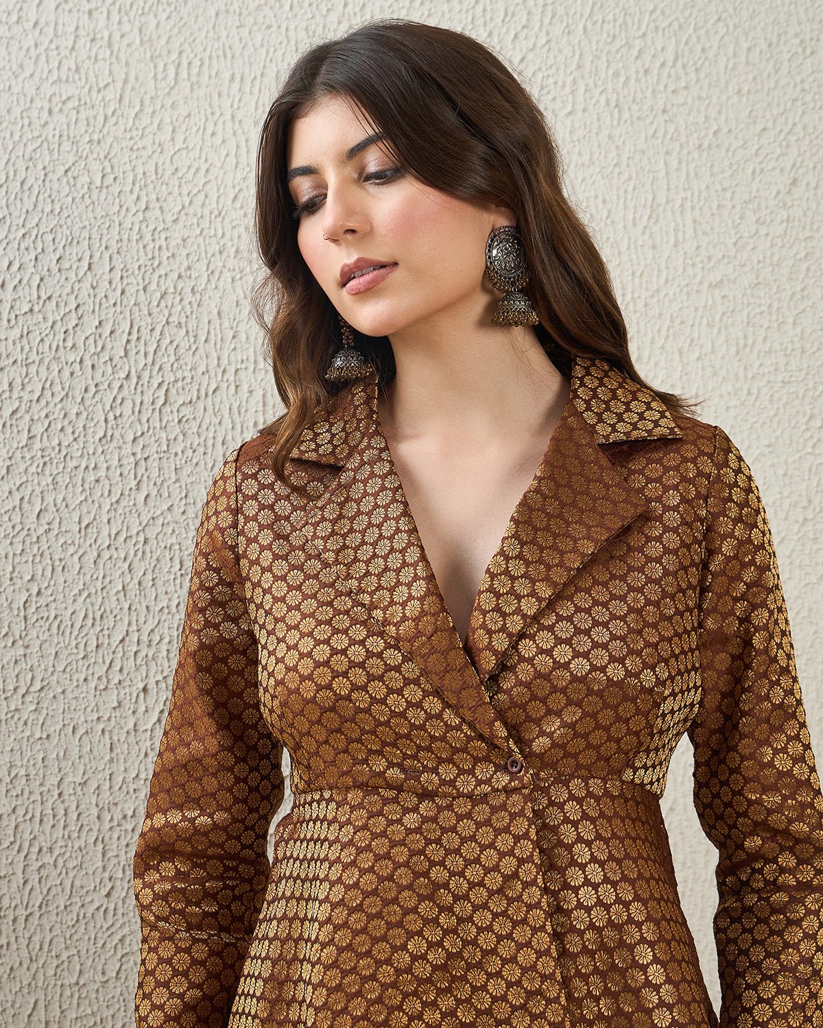 coord sets,bottomwear, topwear,ethnic, party,festive, glam, indo western, minimal, summer,woven,brocade,banarasi brocade,brown,damask,flounce,button,regular fit top,fit and flare,longline top,flared hem,lapel collar,set in sleeve,long sleeves,button up,pants,bell bottom pants,full length,flared hem,mid rise waist, OY2096, 25070055GG