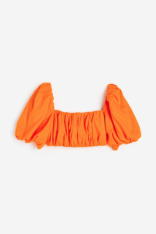 GATHERED CROP TOP,balloon sleeves, blouse, casual, cotton, crop, gathered, orange, regular fit, soft girl, solid, square neck, summer, three quarter sleeves, tops, topwear, vacation, woven,crop-gathered-bodice-orange-top-phase3,Neck - Square neckSleeve - Puff sleevesFit - Slim fitPrint/Pattern - SolidColor - OrangeMaterial - PoplinDetail - Gathered bodice
Contains only Top