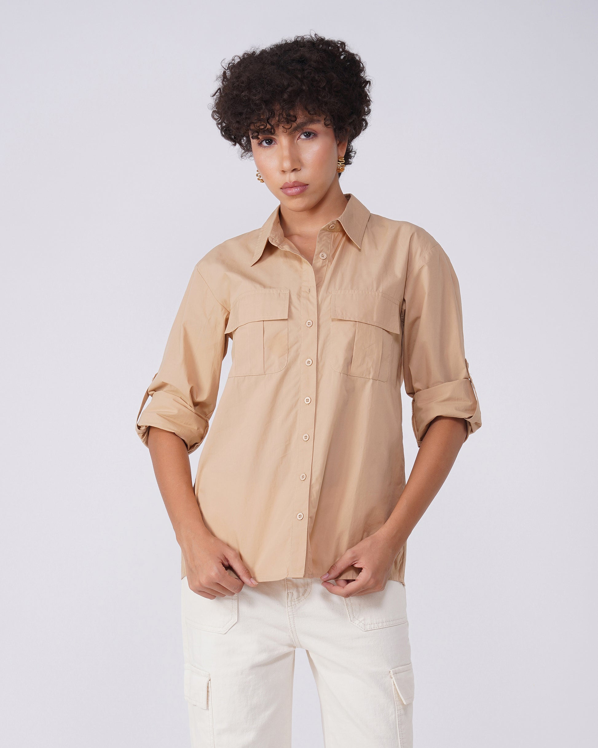 utility-pocket-shirt-beige,UTILITY-POCKET SHIRT,topwear,shirts,outdoor events,streetwear,woven,poplin,beige,solid,flap pocket, utility pocket,relaxed fit,regular,shirt collar,convertible sleeves,long sleeves