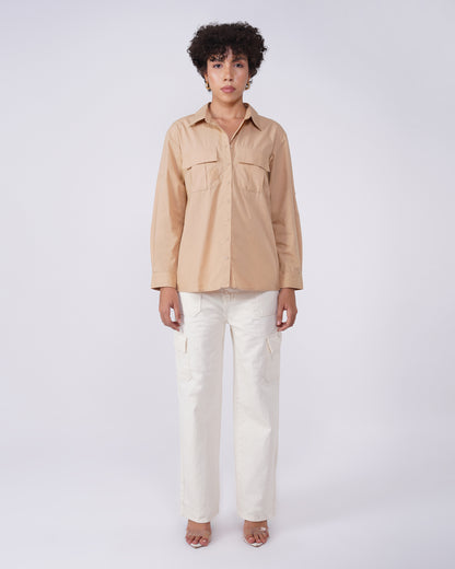 utility-pocket-shirt-beige,UTILITY-POCKET SHIRT,topwear,shirts,outdoor events,streetwear,woven,poplin,beige,solid,flap pocket, utility pocket,relaxed fit,regular,shirt collar,convertible sleeves,long sleeves